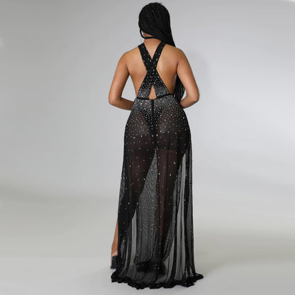 See through Rhinestone Split Dress