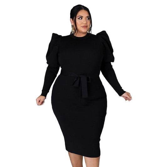 Plus Size Long Sleeve Belt Slim Fit Dress