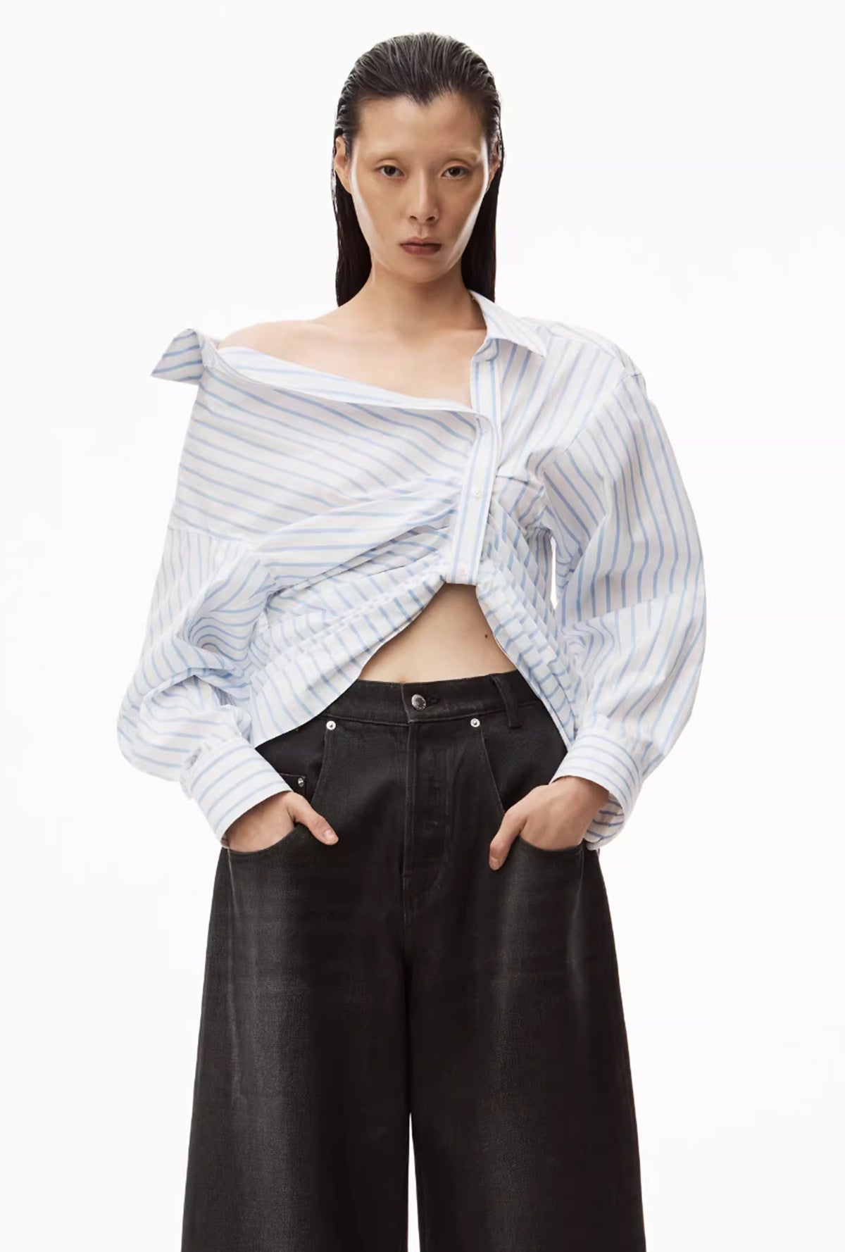 King White Striped Asymmetric Buckle Pleated Shirt