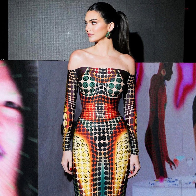 Off Neck Long Sleeve Slim Expansion Dress