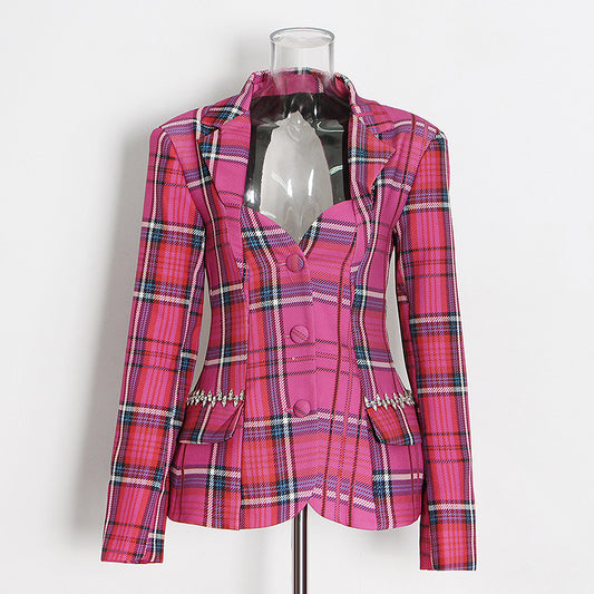 Backless Single Breasted Plaid Short Western Coat