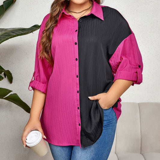 Plus Size Collared Color Matching Top