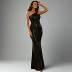 Metallic One Shoulder Long Sequined Dress