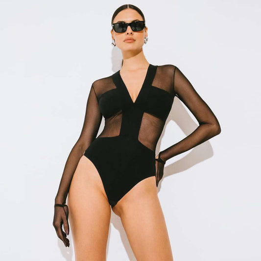 V Neck Sheer Patchwork Bodysuit