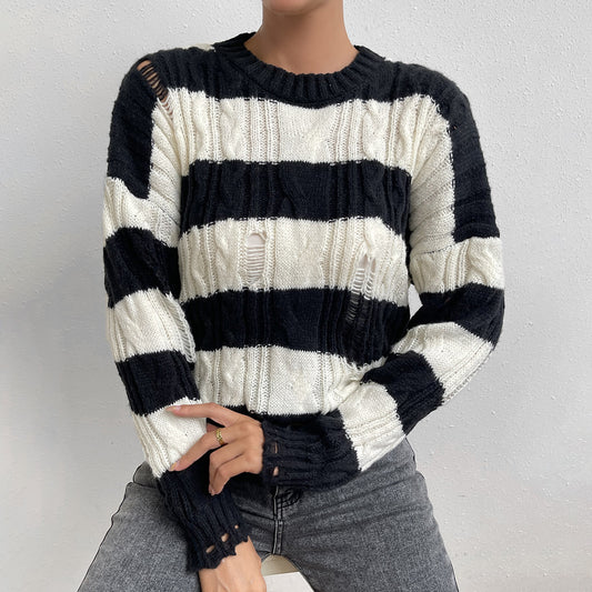 Round Neck Striped Ripped Sweater