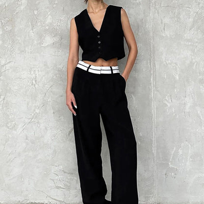 High Street Short Black Vest & Straight Leg Pants Set - ALL HERZ FASHIONS