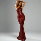 Metallic One Shoulder Long Sequined Dress
