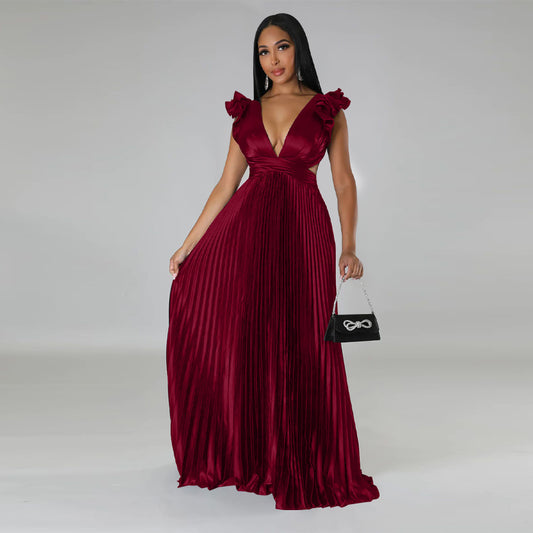 Backless Deep V Plunge Pleated Silk Dress