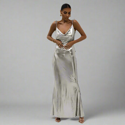 Metallic Backless Spaghetti Straps Fishtail Dress