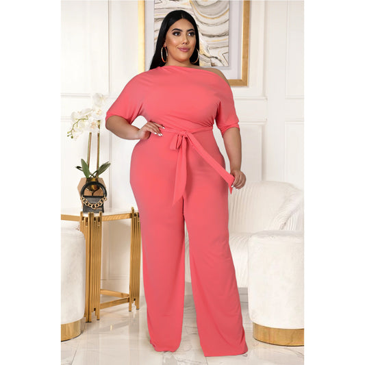 Plus Size Oblique Shoulder Horn Jumpsuit