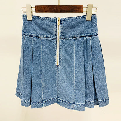 Lion Buckle Pleated Denim Skirt