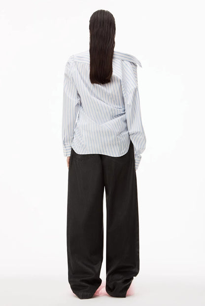 King White Striped Asymmetric Buckle Pleated Shirt