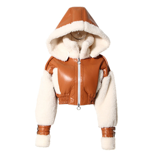 Fur One Piece Lamb Fur Short Hood Coat