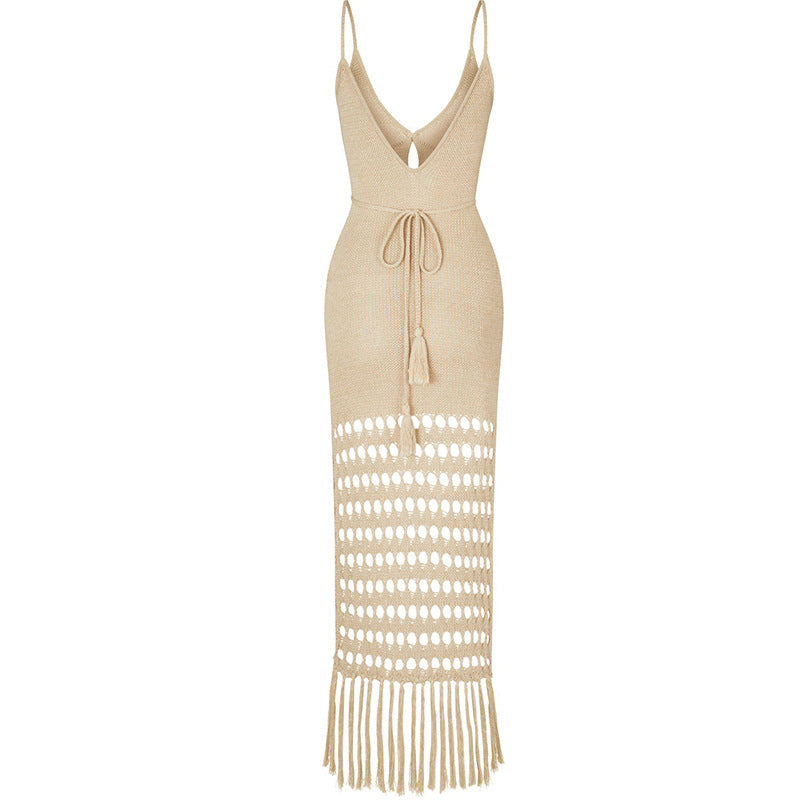Strap Knitted Cinched Tassel Beach Dress