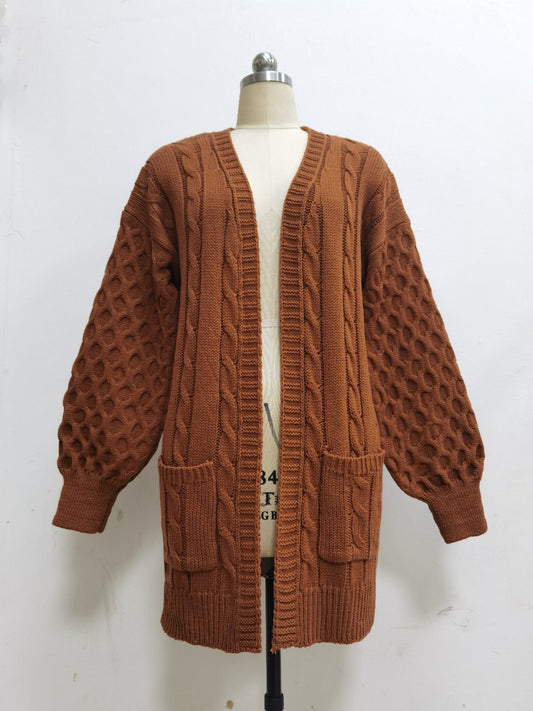 Lantern Sleeve Mid Length Knitted Cardigan