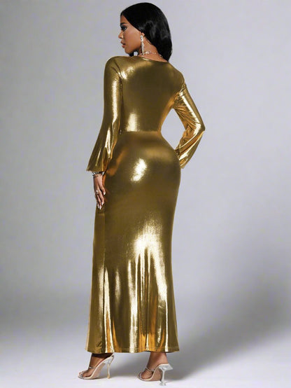 Metallic Twist Long Sleeve Split Dress