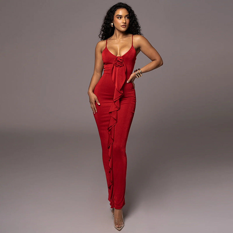 Sexy Sling Red Ruffles Dress