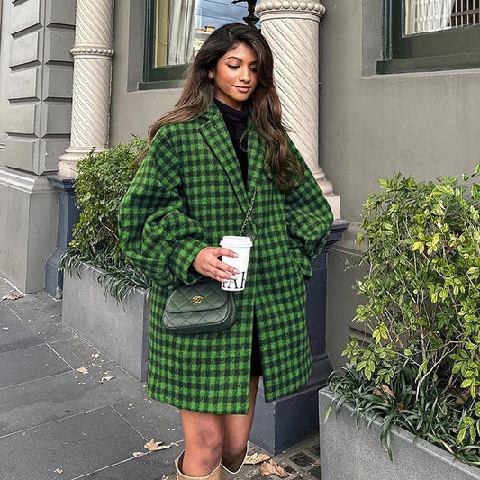 Short Green Retro Boyfriend Woolen Plaid Coat