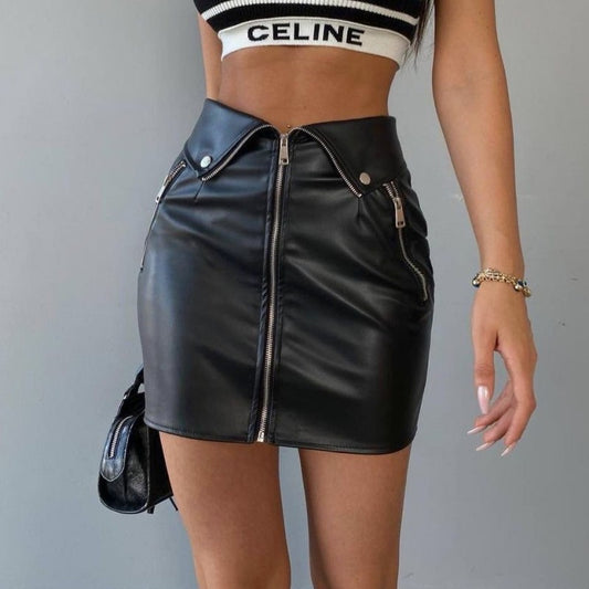 Faux Leather Raise Zipper Skirt