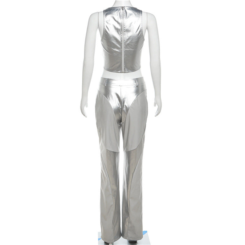 Metallic Coated Faux Leather Top & Pants