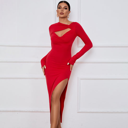 Women Clothes Maxi Dress Slim Sheath Tight Sexy Slit Long Sleeve Christmas Dress