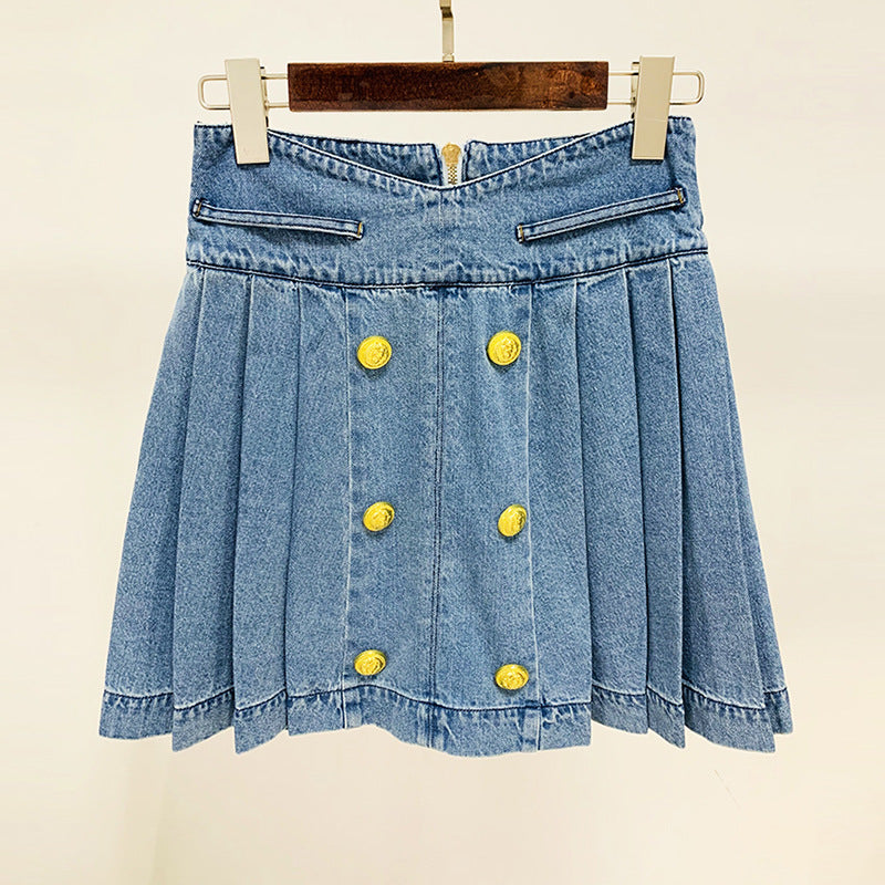 Lion Buckle Pleated Denim Skirt