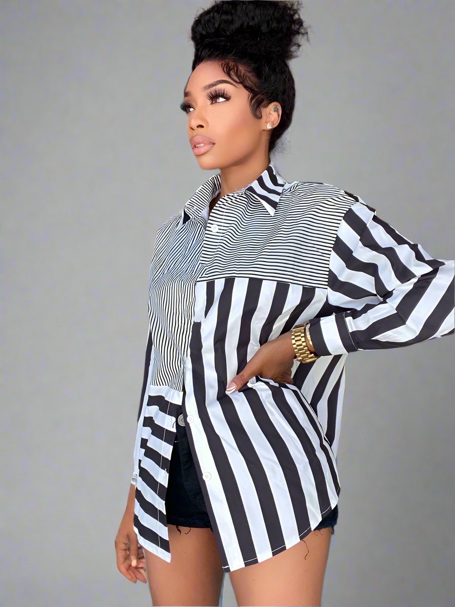 Ladies Striped Printing Loose Shirt