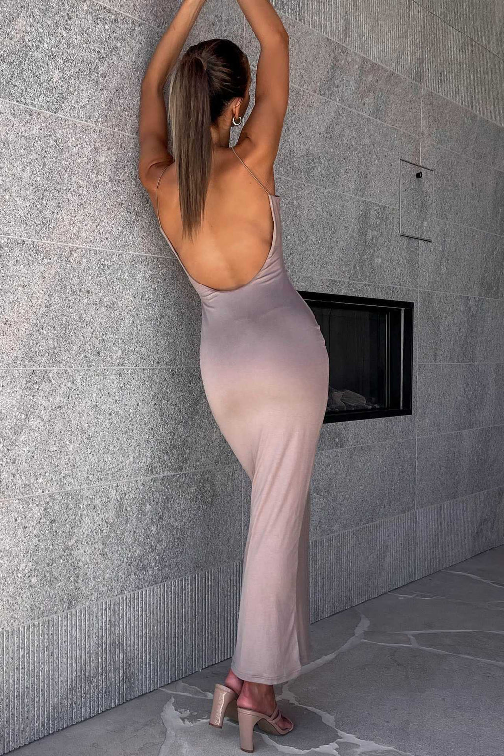 Women Dress Spaghetti Straps Sleeveless Backless Solid Color High Waist Sexy Elegant Dress