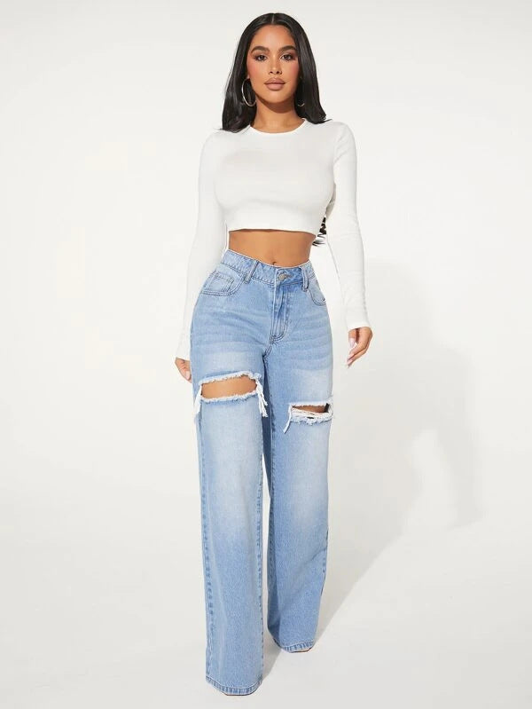 Ripped Washed Wide Leg Jeans