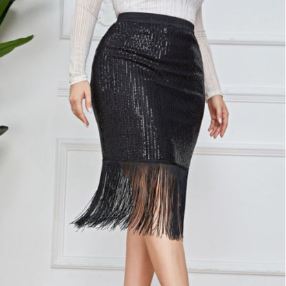 Plus Size Office Sheath Sequined Tassel Skirt - ALL HERZ FASHIONS