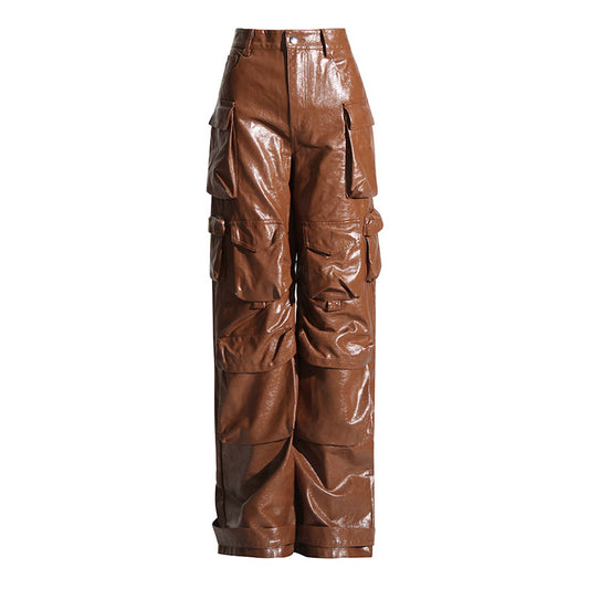 Faux Leather Straight Leg Cargo Pants