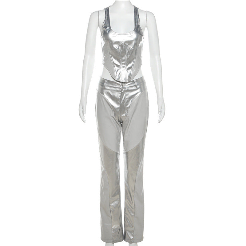 Metallic Coated Faux Leather Top & Pants