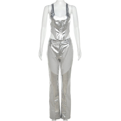 Metallic Coated Faux Leather Top & Pants