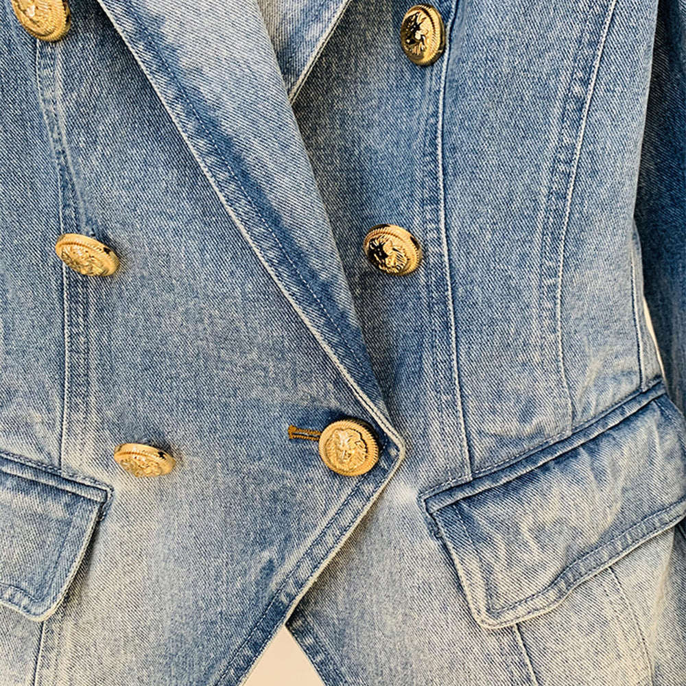 Slim Double Breasted Lion Button Denim Blazer