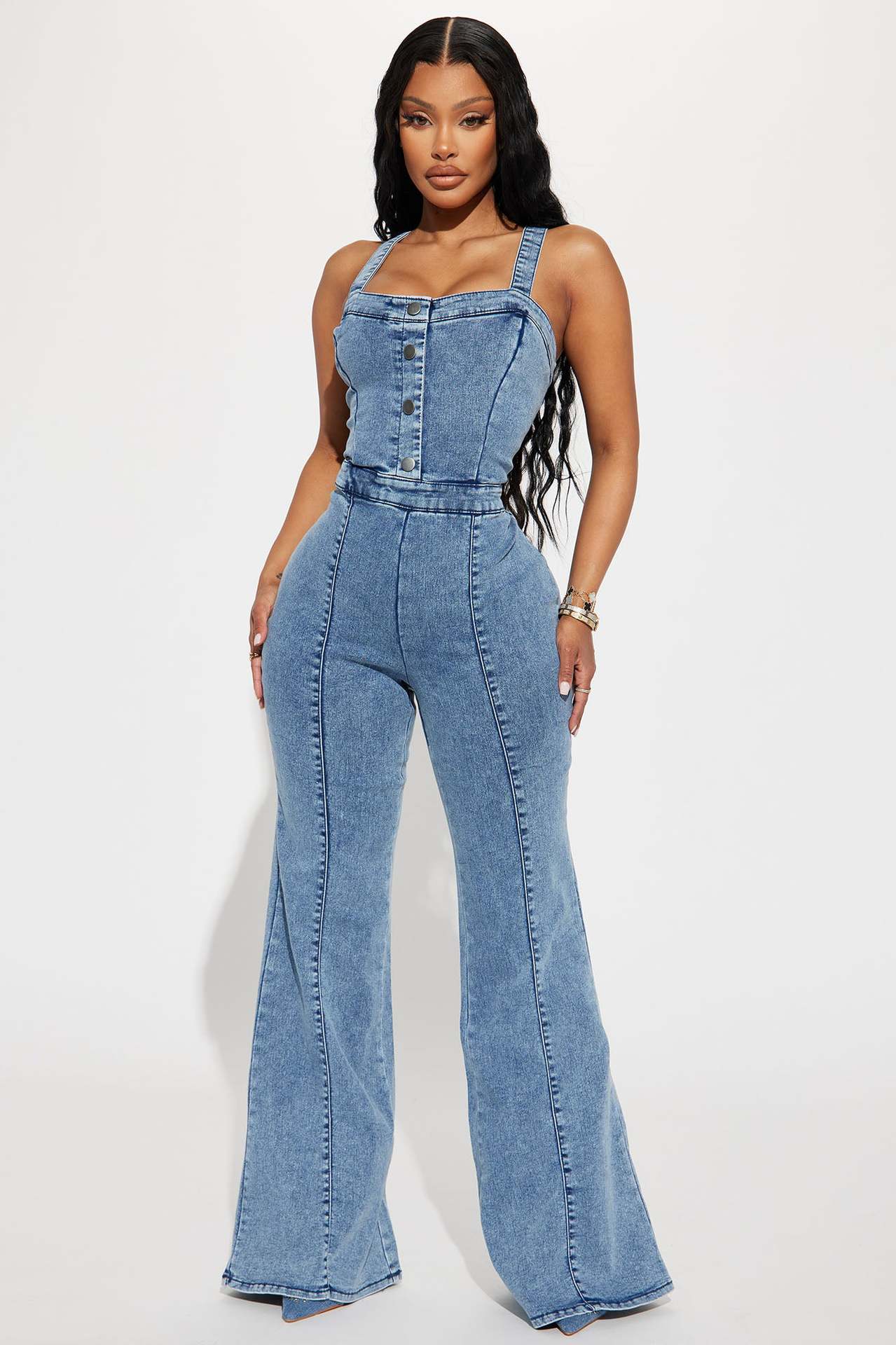 Waist Tight Washed Denim Jumpsuit