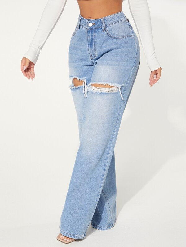 Ripped Washed Wide Leg Jeans