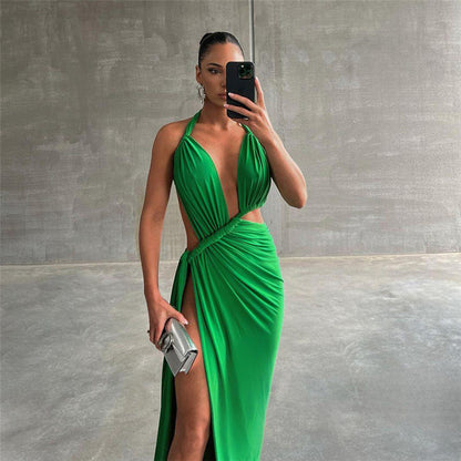 Rope Tied Backless Slim Slit Dress