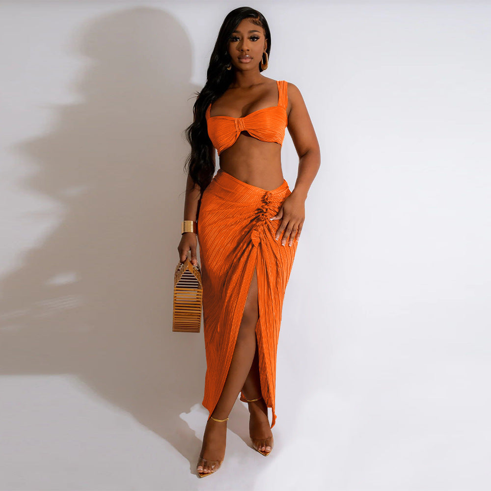 Pleated Backless Spaghetti Straps Skirt Set