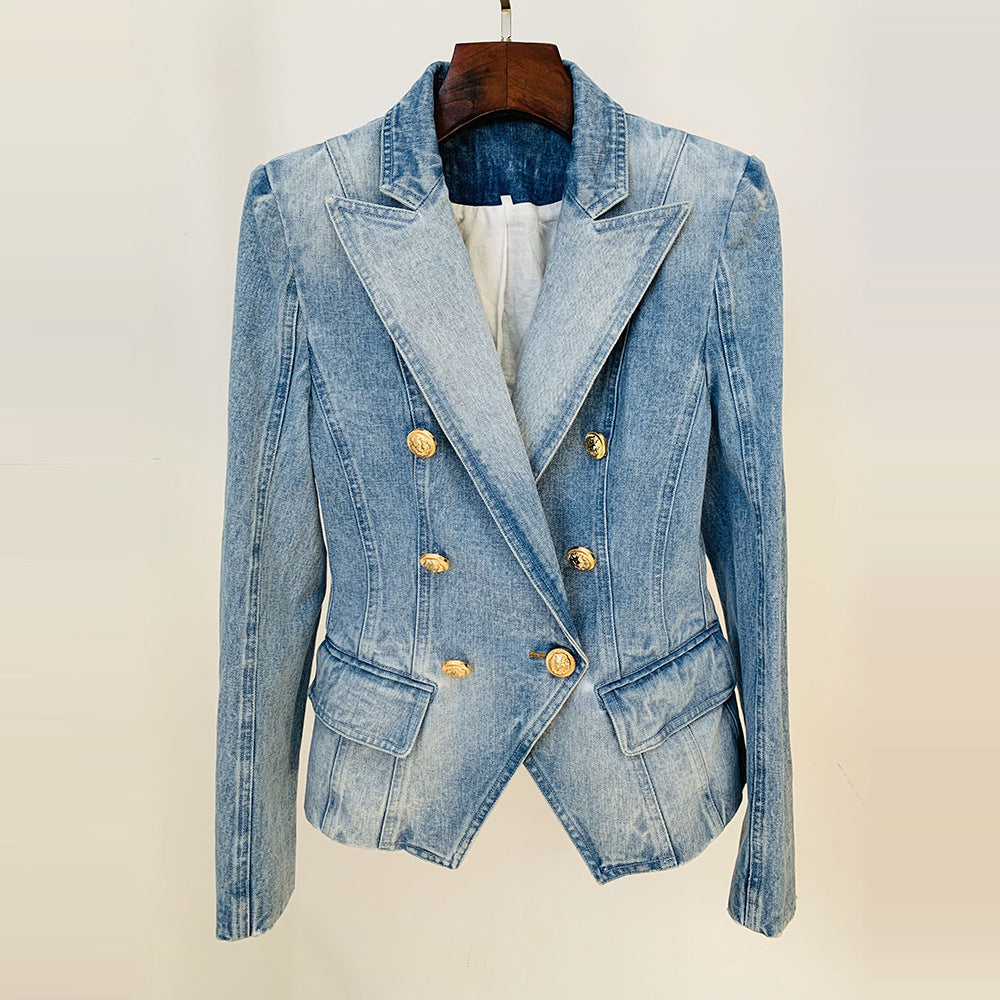 Slim Double Breasted Lion Button Denim Blazer