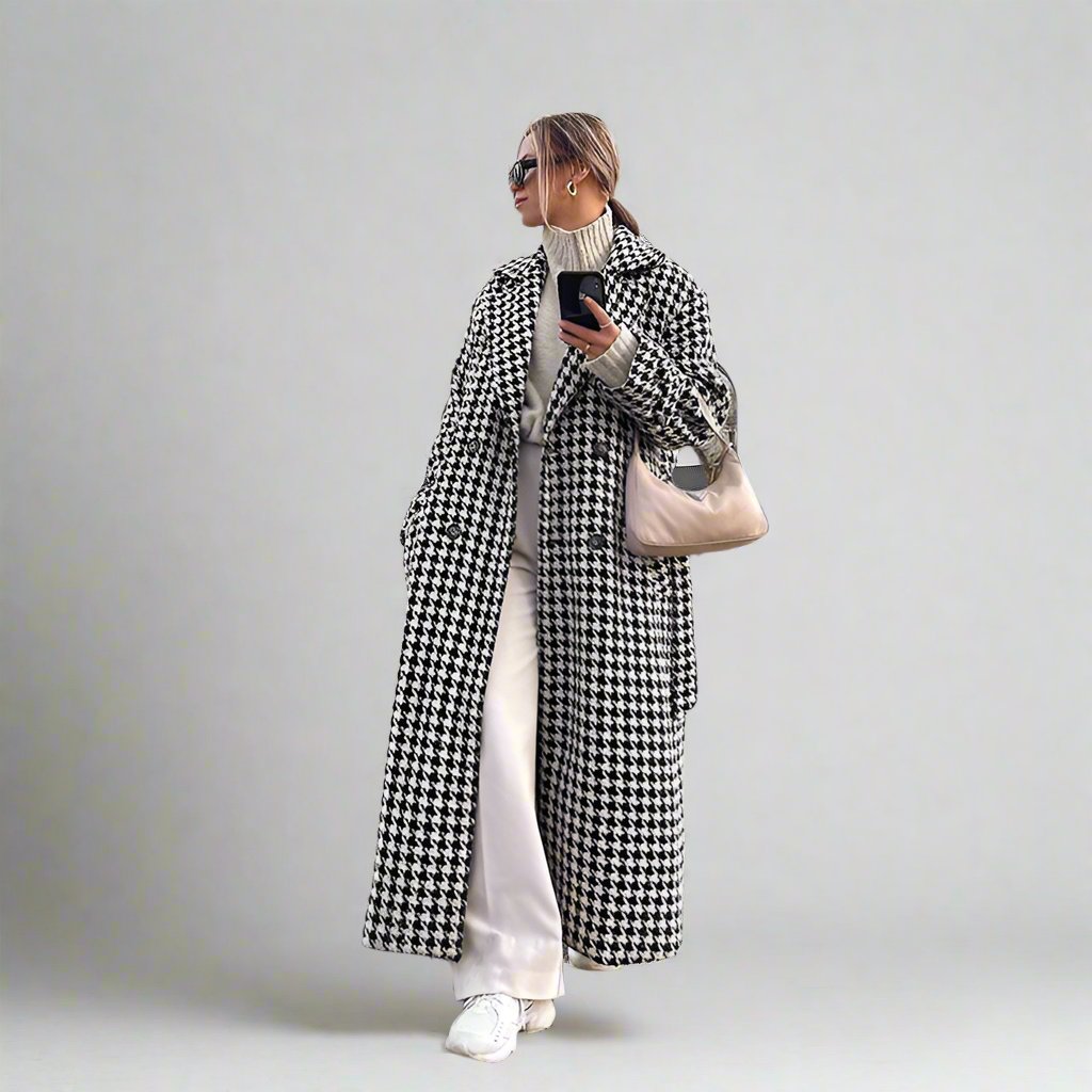 Houndstooth Long Black White Trench Coat