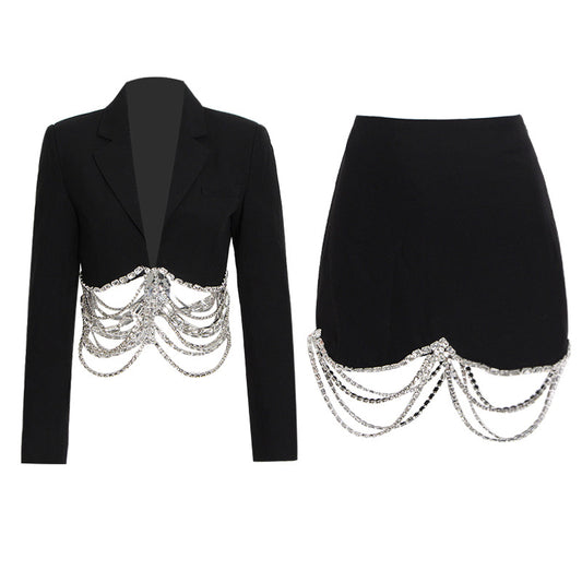 Rhinestone Sheath Slim Short Skirt & Blazer Set