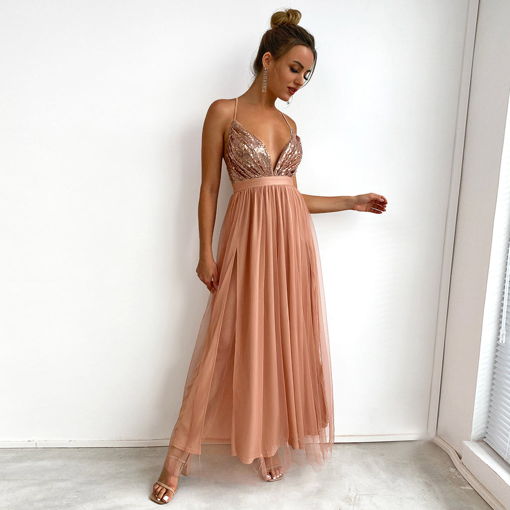 Contrast Sequined Mesh Camouflage Dress