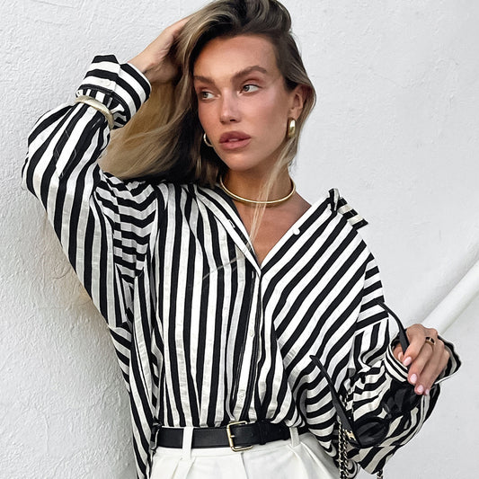 Black White Striped Cotton Office Blouse