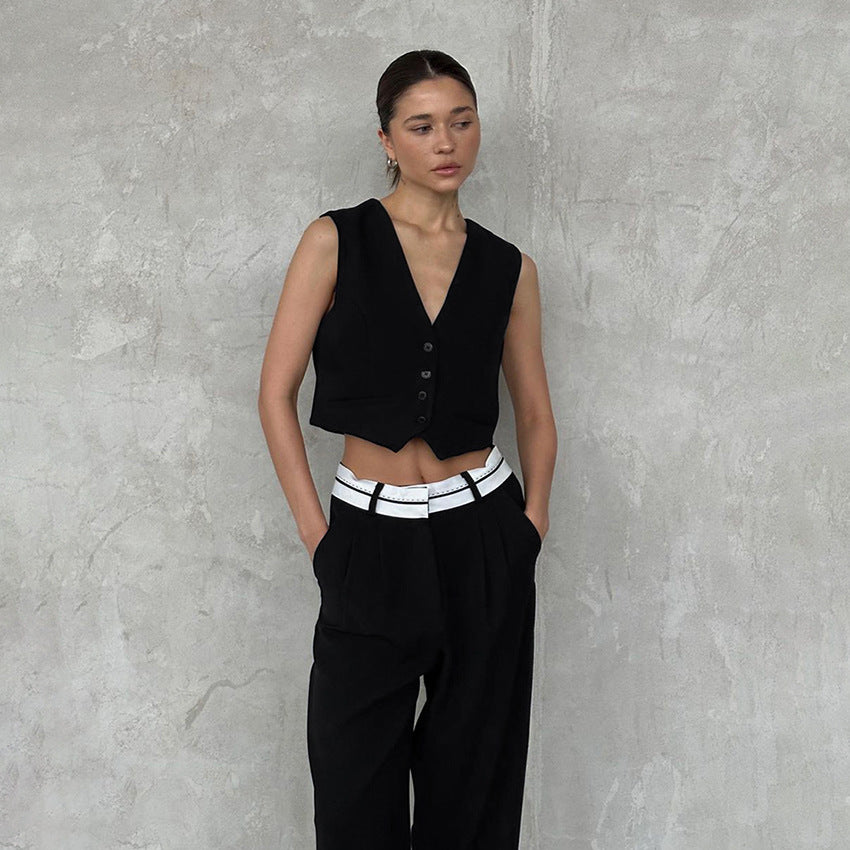 High Street Short Black Vest & Straight Leg Pants Set - ALL HERZ FASHIONS