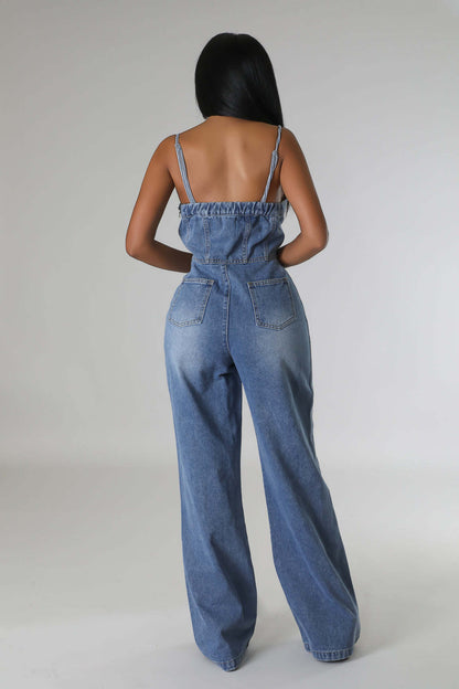 Strap Wide Leg Denim Jumpsuit