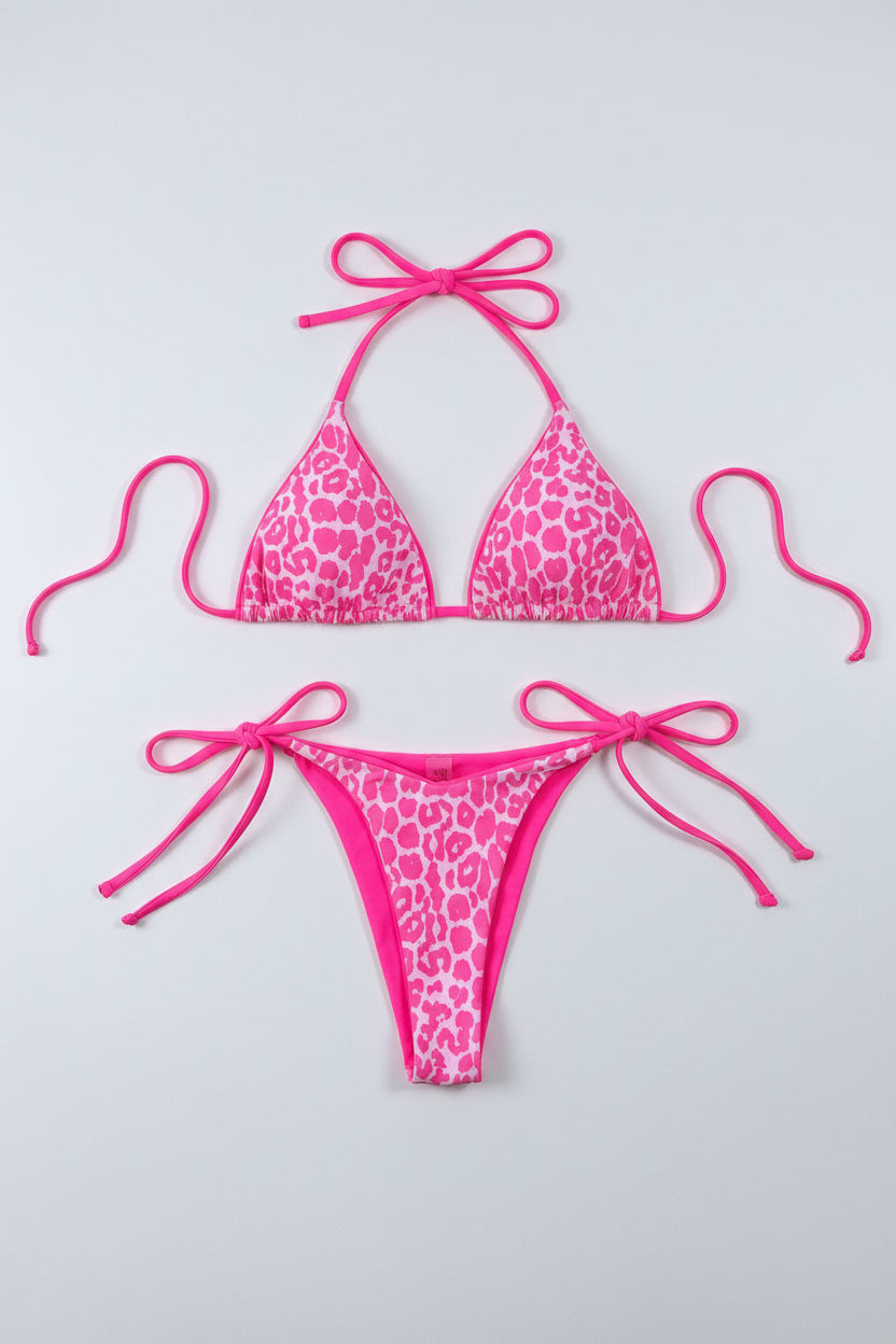 Leopard Print Halter Neck Tie Side Bikini Set