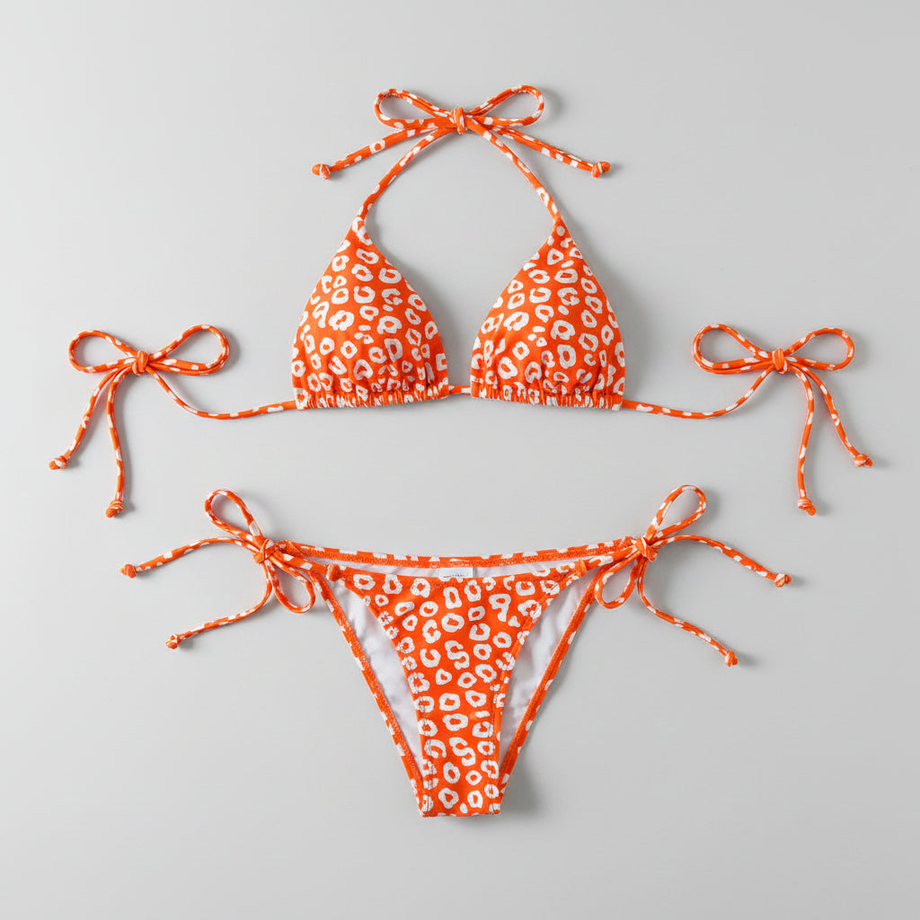 Leopard Print Halter Neck Tie Side Bikini Set