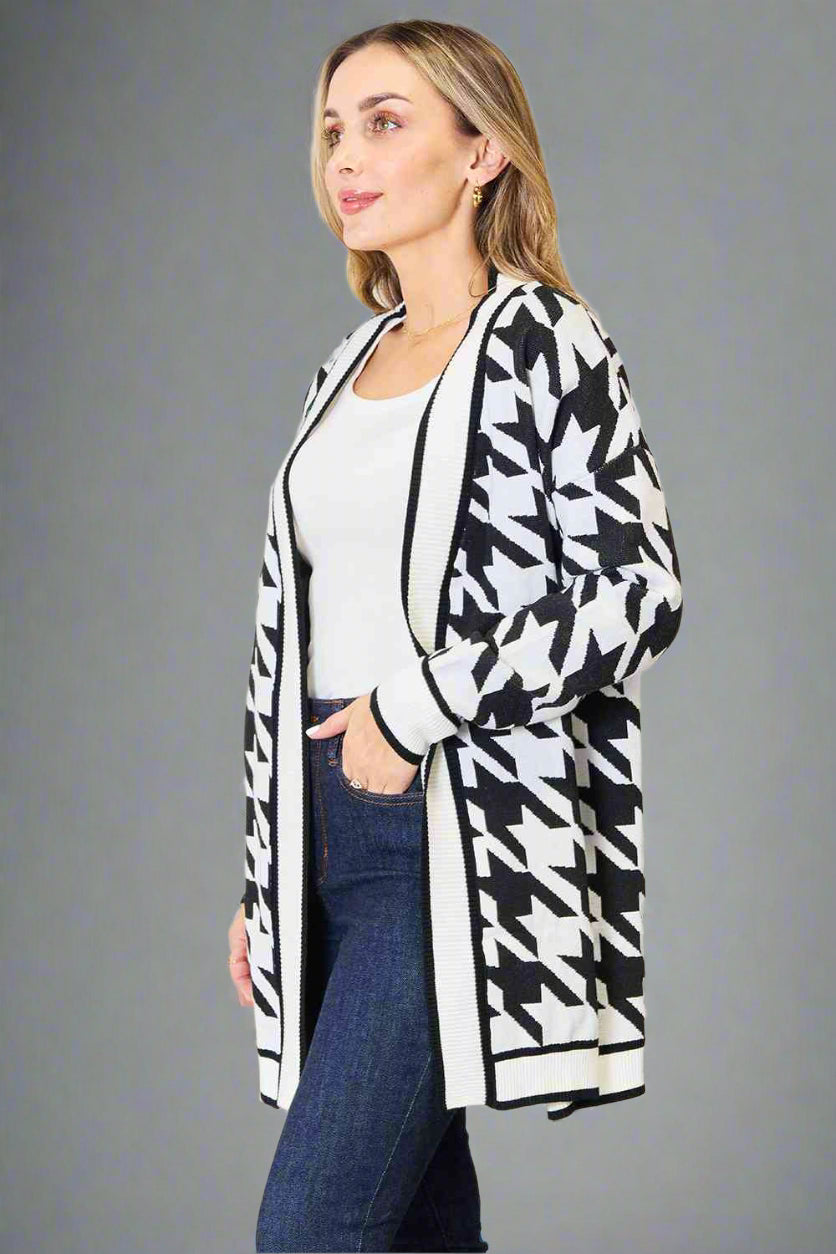 Woven Houndstooth Longline Cardigan