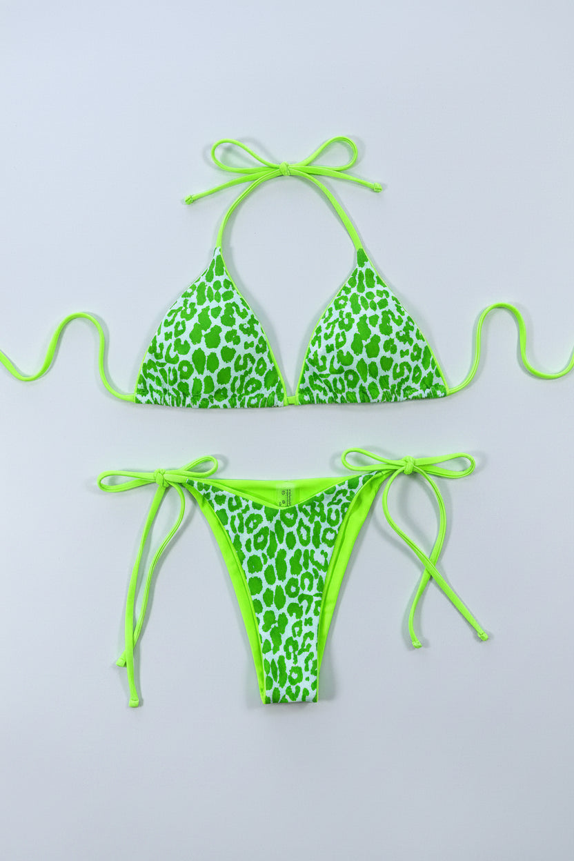 Leopard Print Halter Neck Tie Side Bikini Set