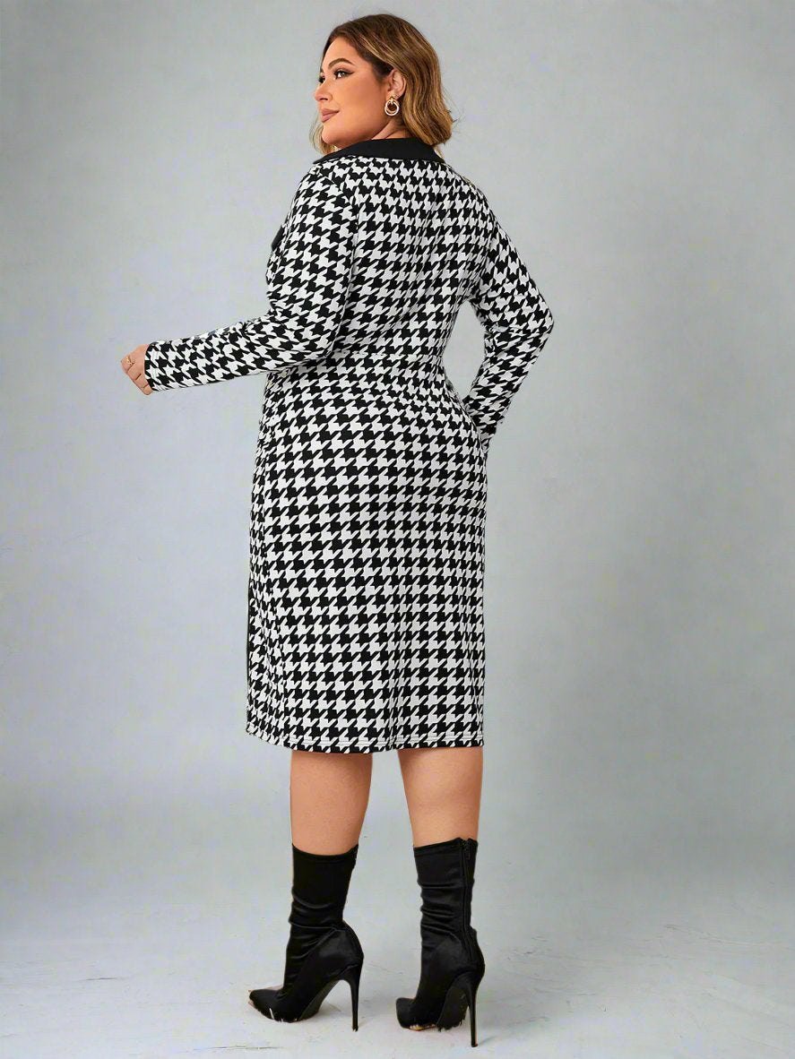 Curve Houndstooth Long Sleeve Slit Dress